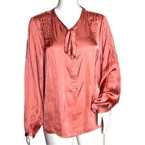 J. Crew Featherweight Satin Tie Neck Top Pink Slight Puff Sleeve Long Sleeve
